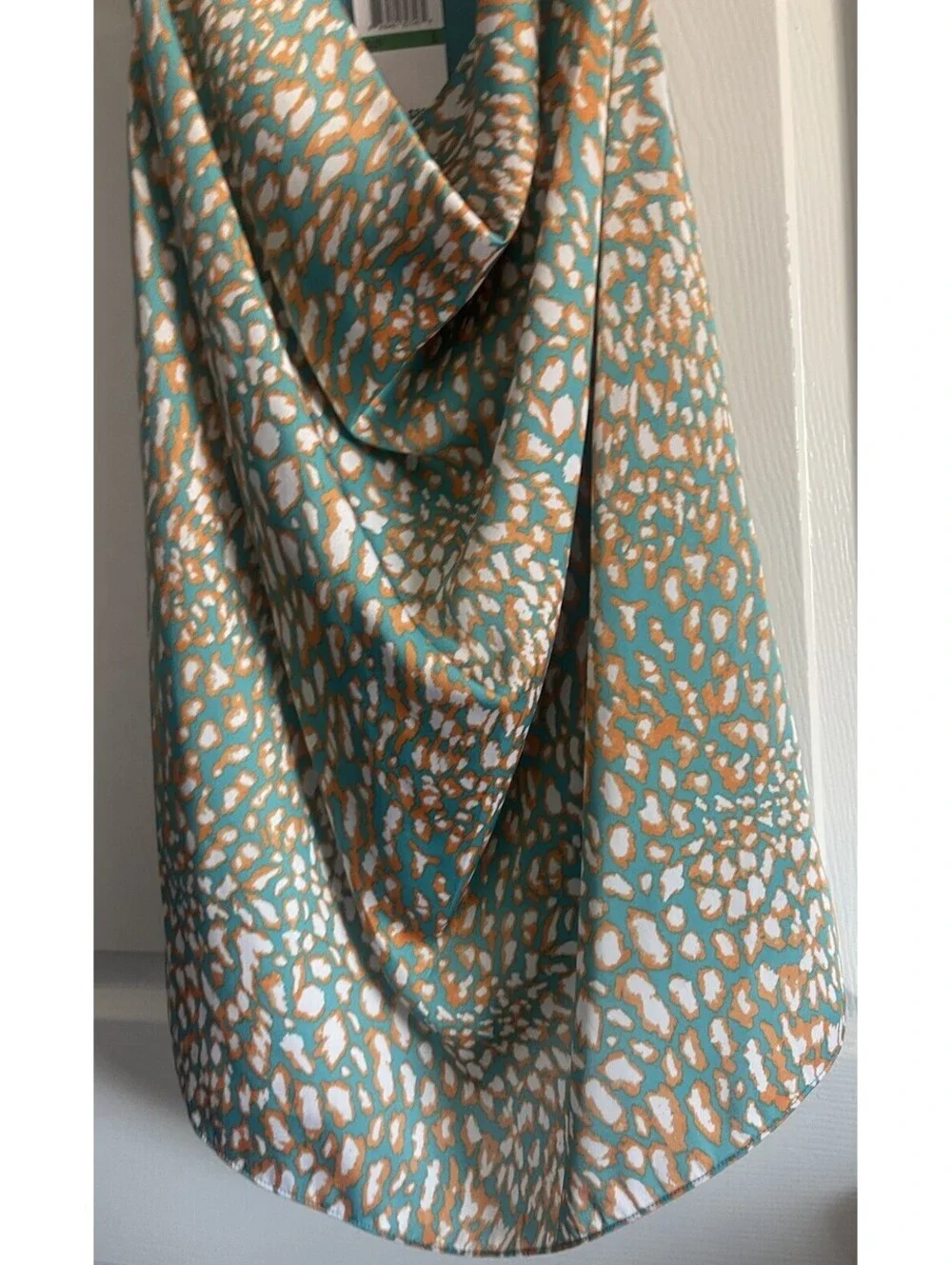MICHAEL KORS Sleeveless Top Tunic L Teal Orange Satin Drape Cowl Pullover NEW